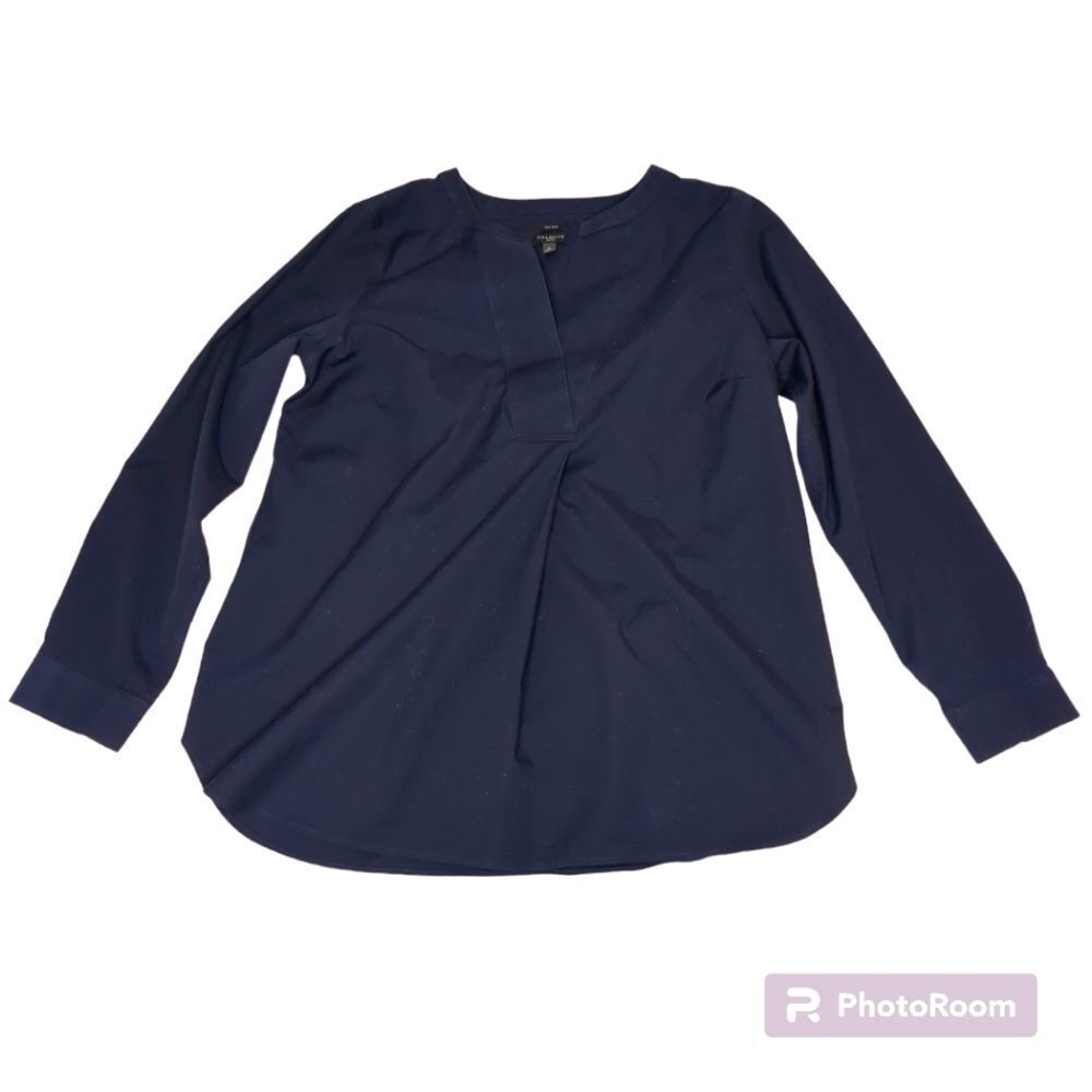 TALBOTS Non-Iron Woven Tunic Top, Navy, V-Neck, Medium Petite